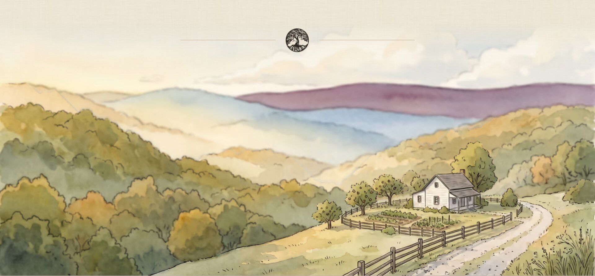 The foot of the Mansager Family home page: a small engraved tree in a hairline rule above a watercolour of the Ozark hills and a white farmhouse.